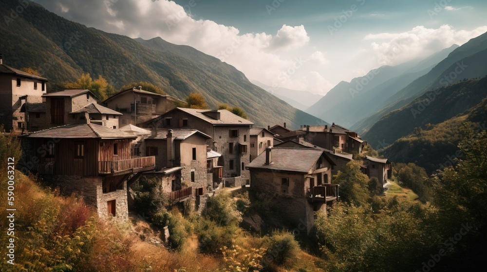 Poster a village in the middle of a mountain range with mountains in the background and clouds in the sky o