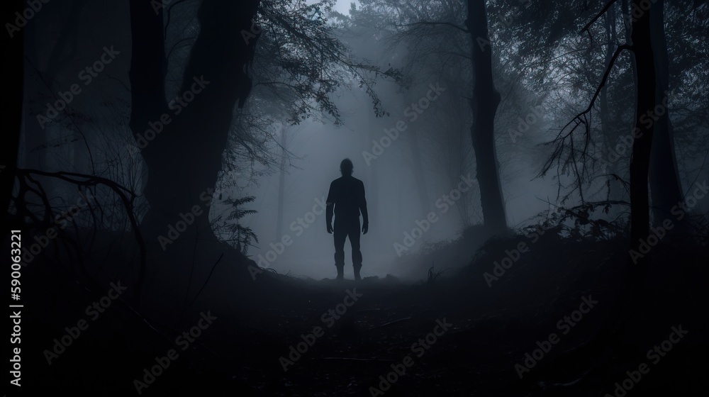 Poster a man standing in the middle of a forest in the dark of night with a light shining through the trees