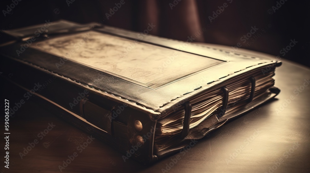 Poster a leather bound book sitting on top of a wooden table next to a window with curtains behind the book