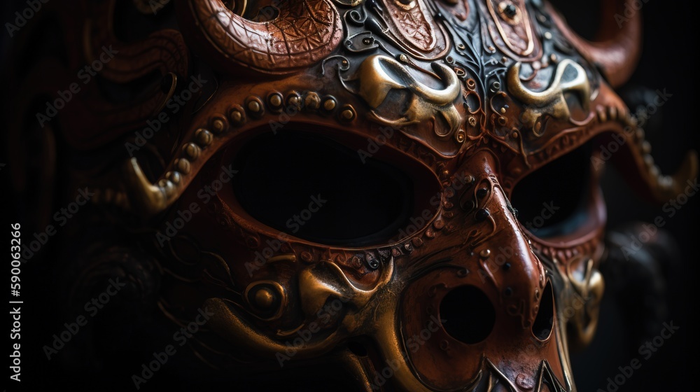 Poster a close up of a mask with intricate designs on the side of the mask and a snake on the side of the m