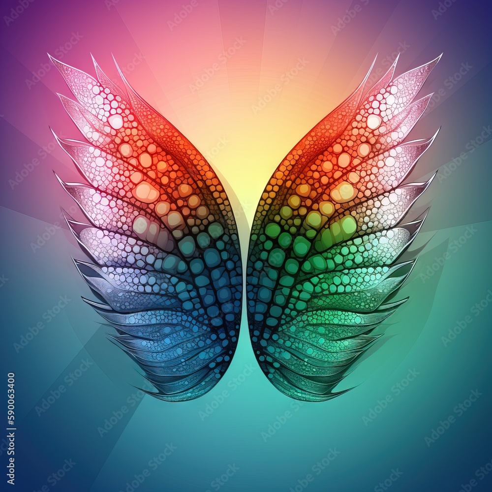 Poster a pair of colorful wings on a blue background with a rainbow light behind it and a blue background w