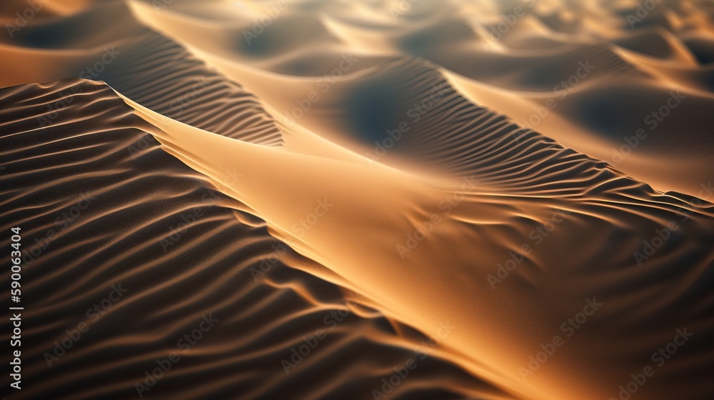 Poster a group of sand dunes in the desert with sunlight shining through the clouds and the shadows of the 