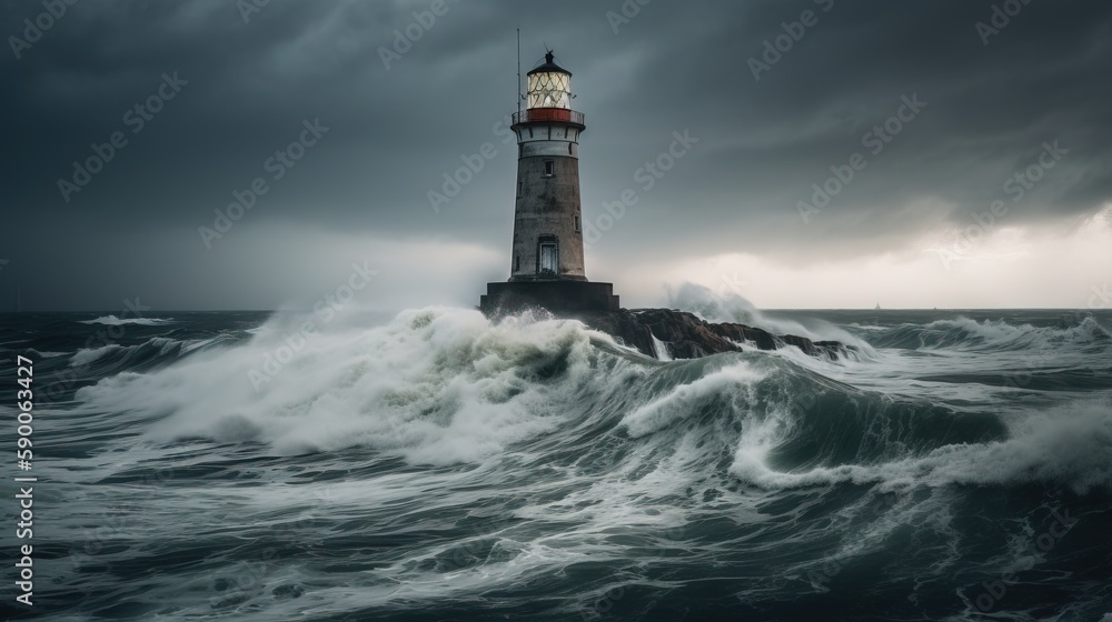 Poster a lighthouse in the middle of a large body of water under a cloudy sky with a light house on top of 