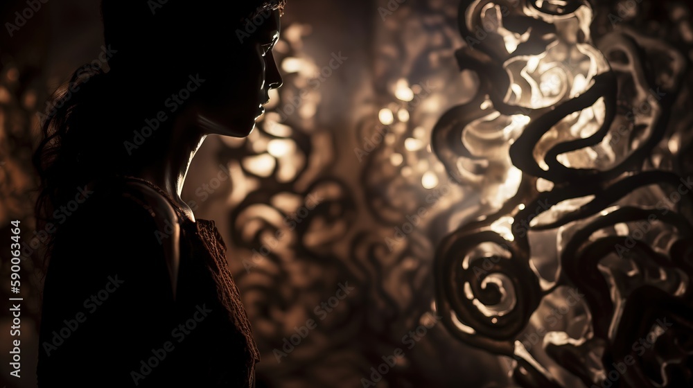 Poster a woman standing in front of a wall with a light on it's side and a wall with a pattern on it's side