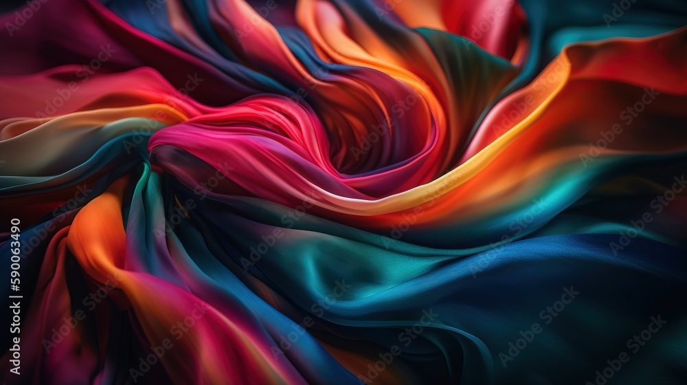 Poster an abstract painting of a multicolored cloth with a black background and a white border with a red, 