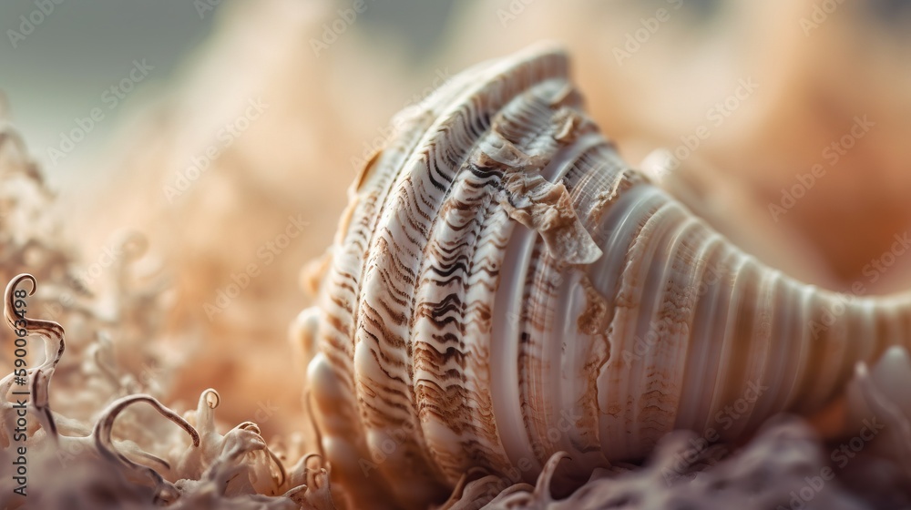 Aufkleber a close up of a seashell on a bed of seaweed with a blurry image of the shell in the background and 
