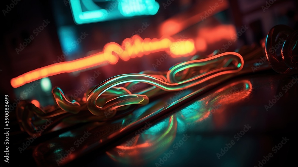 Poster a close up of a metal object with neon lights in the background and a neon sign in the background th