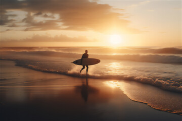 young surfer people silhouettes running to waves with surfboards adrenaline and excitement of extreme sports. generative ai