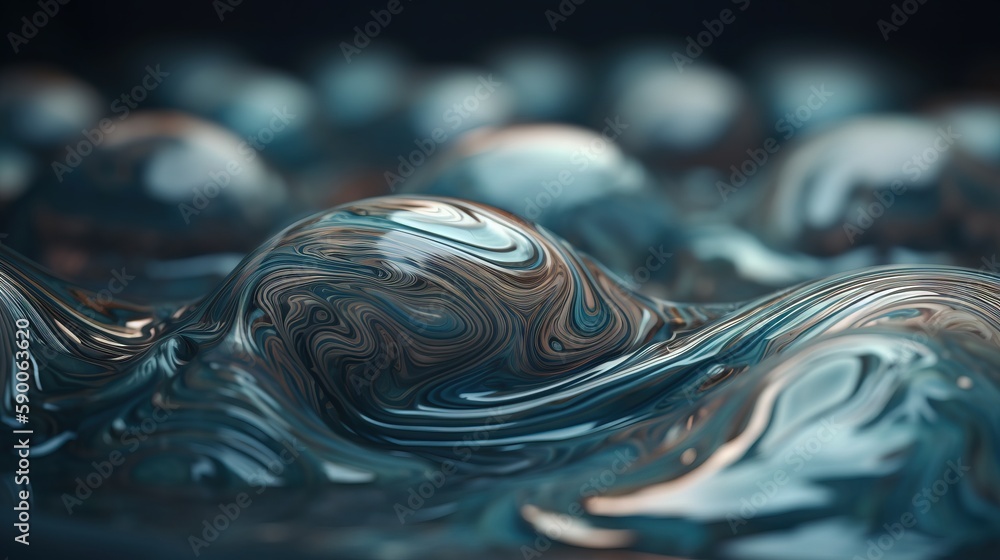 Poster a close up of a blue and silver liquid with a black background and a blurry image of a wave in the m