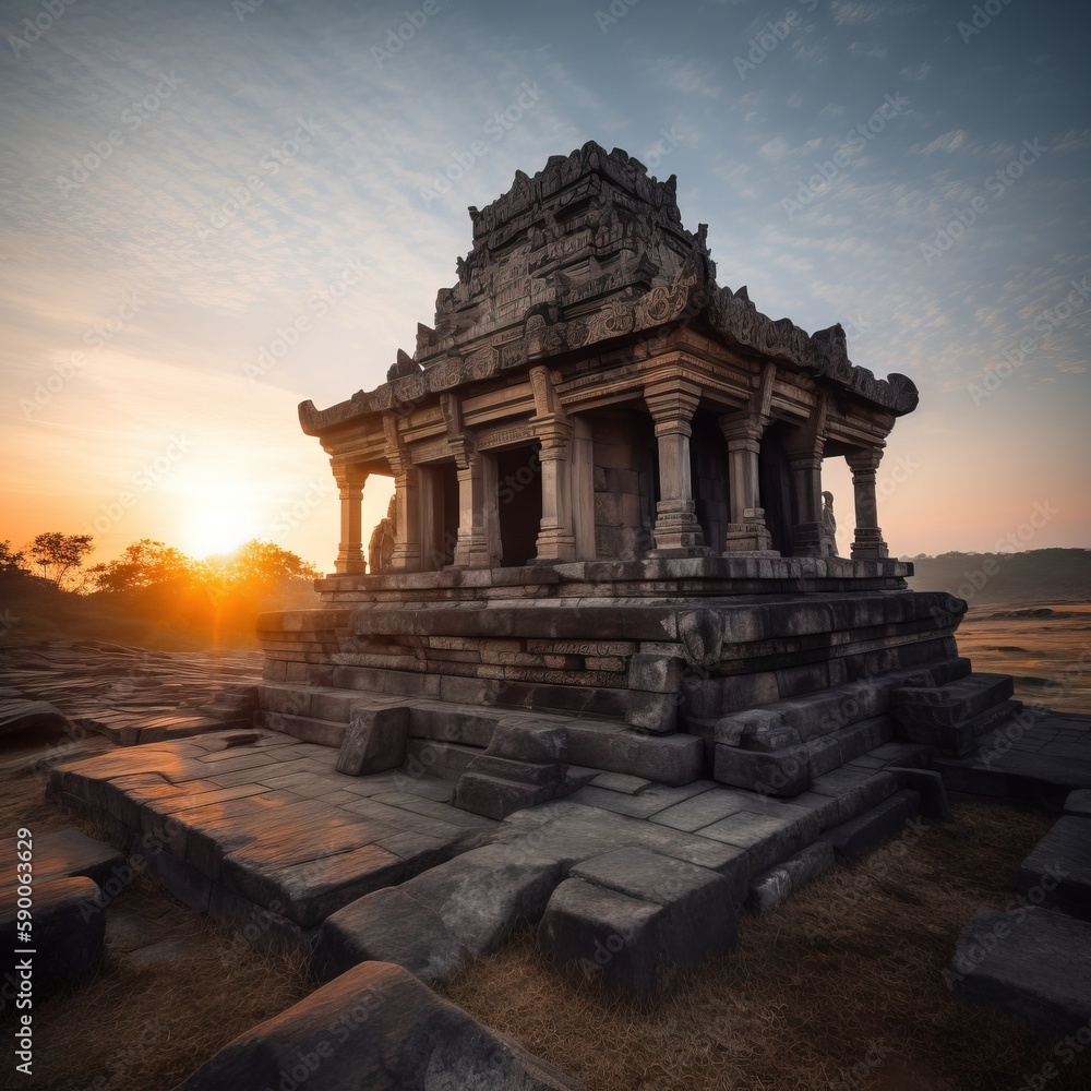 Poster the sun is setting behind a stone structure in a field of grass and rocks, with a small structure in