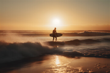 Fototapeta na wymiar Beach surfer: A candid shot of young surfer walking with her board on a sandy beach .generative ai.