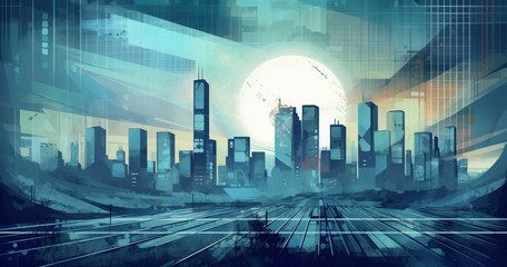 Cityscape painting with full moon in the background, digital art cyberpunk. Generative AI.