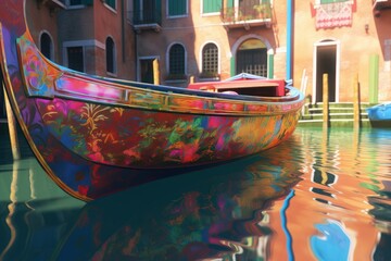 Fototapeta na wymiar A gondola floating on top of a body of water. Vibrant colors. Generative AI.