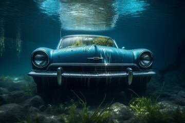 An old car is submerged in the water. A hyperrealistic painting with volumetric underwater lighting. Generative AI.
