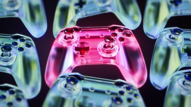 Cyber gaming 3d graphics of joystick game controller for console. Glossy transparent material. Array of clones with stick and buttons. Motion graphics background with vibrant colours. Design tech art
