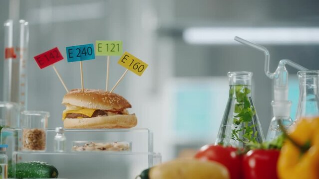 Hamburger labeled E142, E240, E121 and E160. Red tomatoes, cucumber, potatoes, yellow bell peppers and green seedlings in flasks. Biology experiment with food, products, vegetables in biolab.