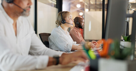 Call center, telemarketing and woman on computer for customer service, consultant and business crm...