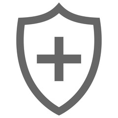 Shield icon with plus sign, flat style gray color beautiful vector symbol for game, web, app, mobile, product, service, label, UI, logo. Illustration design object isolated on white background. 