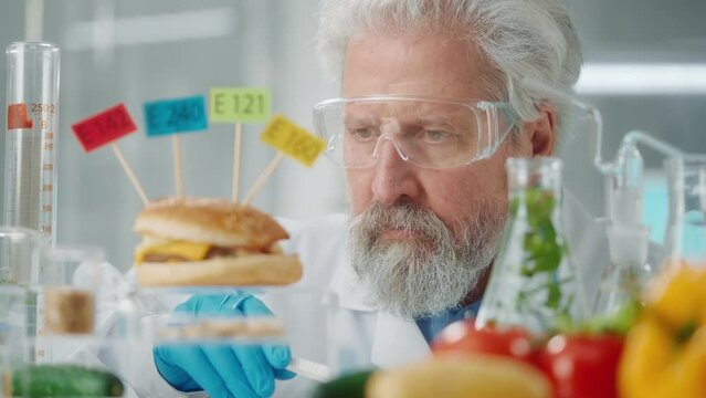 Elderly male researcher examines a sample of burger labeled E142, E240, E121 and E160. Biolog analyzes the quality of the sample and dissatisfied with the result. Close up.
