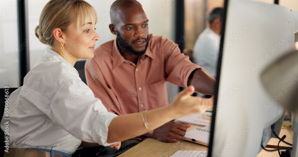 Aufkleber teamwork, human resources and training with a business woman explaining to an intern working in an o