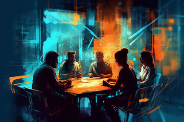 a diverse multicultural group of business people in a conference, meeting or brainstorming session, Painterly futuristic illustration, generative AI
