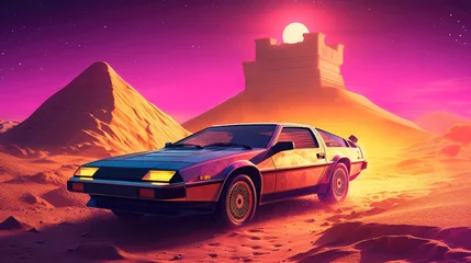 Foto op Aluminium Illustration of a retro sports car of the 1980s at the Egyptian pyramids. Retro-futuristic landscape. Generative AI © keks20034