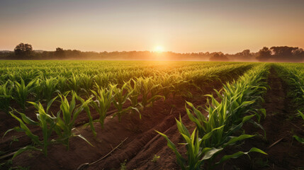Springtime corn field with fresh, green sprouts at sunset. Generative AI