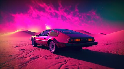 Fototapeta na wymiar Illustration of a retro sports car of the 1980s at the Egyptian pyramids. Retro-futuristic landscape. Generative AI