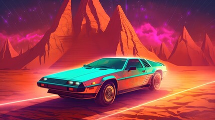 Illustration of a retro sports car of the 1980s at the Egyptian pyramids. Retro-futuristic landscape. Generative AI