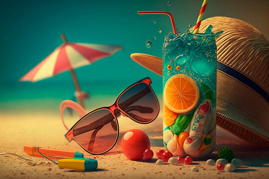 Summer vacation on the beach. Generative AI. Atmosphere of vacation or weekend by the sea in beach club. Cocktail, sunglasses, sand.