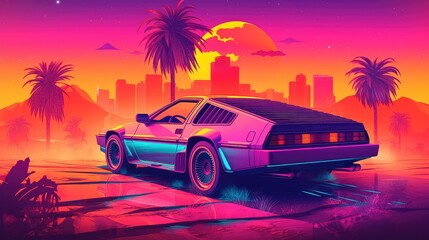 Illustration of a retro sports car of the 1980s at the Egyptian pyramids. Retro-futuristic landscape. Generative AI