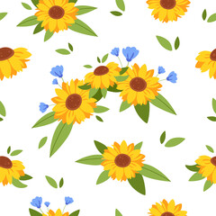 Cute sunflowers seamless pattern. Sunflowers bouquet, wreath, floral. Vector illustration