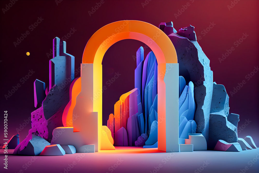 Poster 3d abstract neon background with colorful arch. generative ai, generative, ai