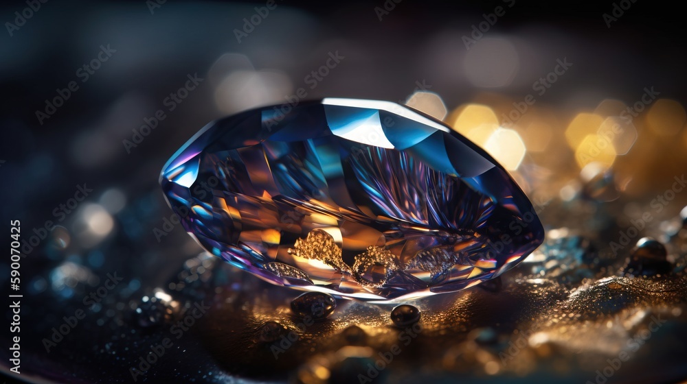 Poster a close up of a fancy looking diamond on a shiny surface with a lot of light around it and a blurry 