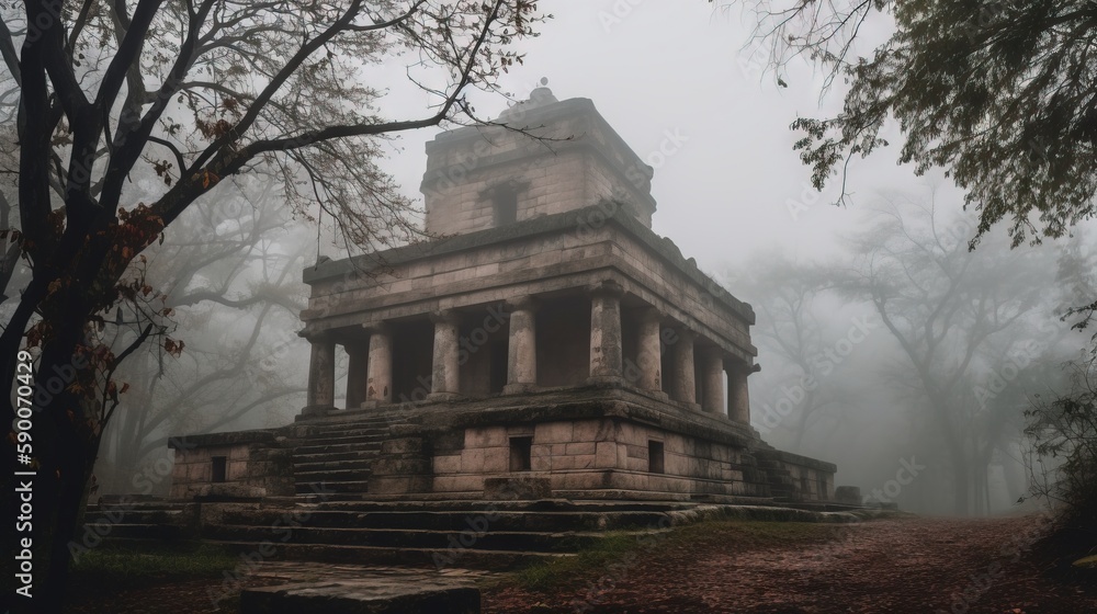 Poster a stone structure in the middle of a forest with trees in the background on a foggy day with no leav