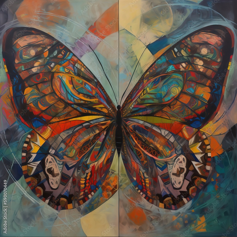 Poster a painting of a colorful butterfly on a blue background with a white circle in the middle of the pai