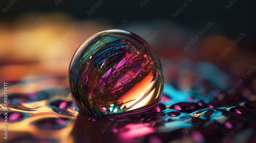Poster  a colorful glass object sitting on top of a shiny table top with a reflection of the light on the surface of the object in the glass.  generative ai