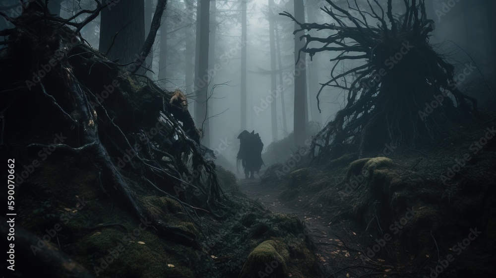 Poster a person walking through a forest with a dog on a trail in the foggy day with trees and moss growing