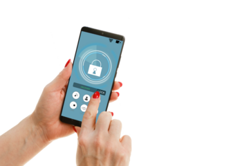 isolated woman hand holding the phone with system smart house