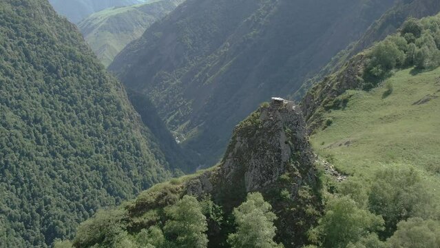 Aerial drone view of historical castle Mutso in Khevsureti, Georgia