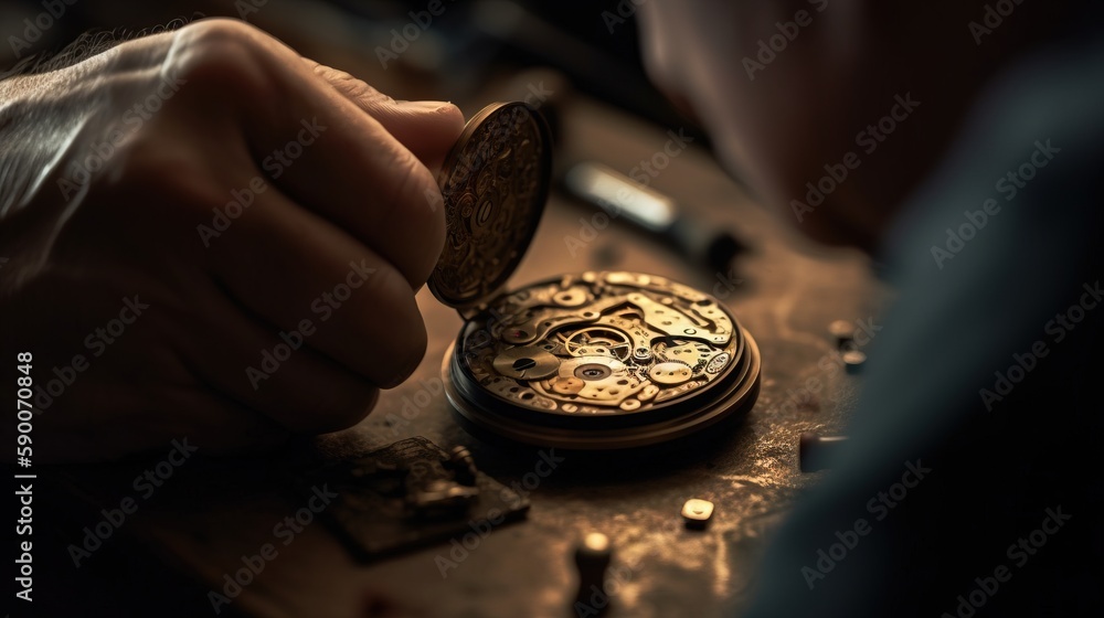 Poster a person is working on a watch on a wooden table with a watch in the middle of the frame and a watch