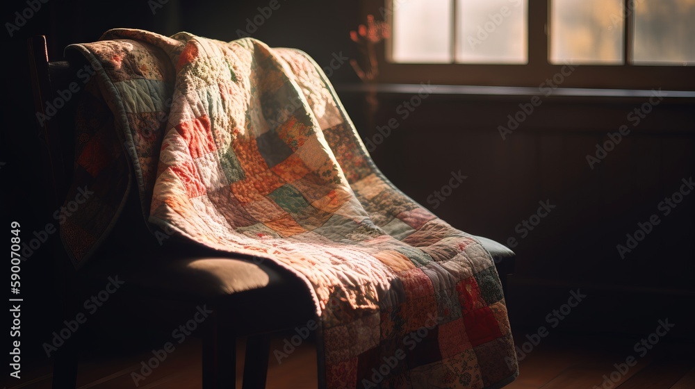 Poster a chair with a quilt on it in a dark room with a window and a chair with a blanket on it in front of