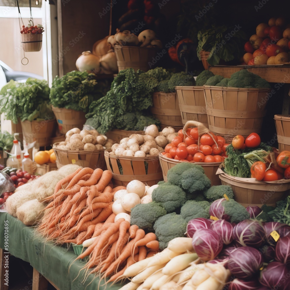Poster a table filled with lots of different types of fruits and veggies in baskets and baskets on top of e