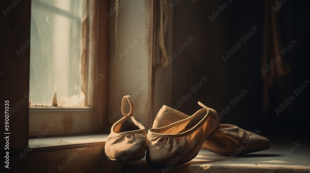Poster a pair of ballet shoes sitting on a window sill in front of a window sill with sunlight coming throu