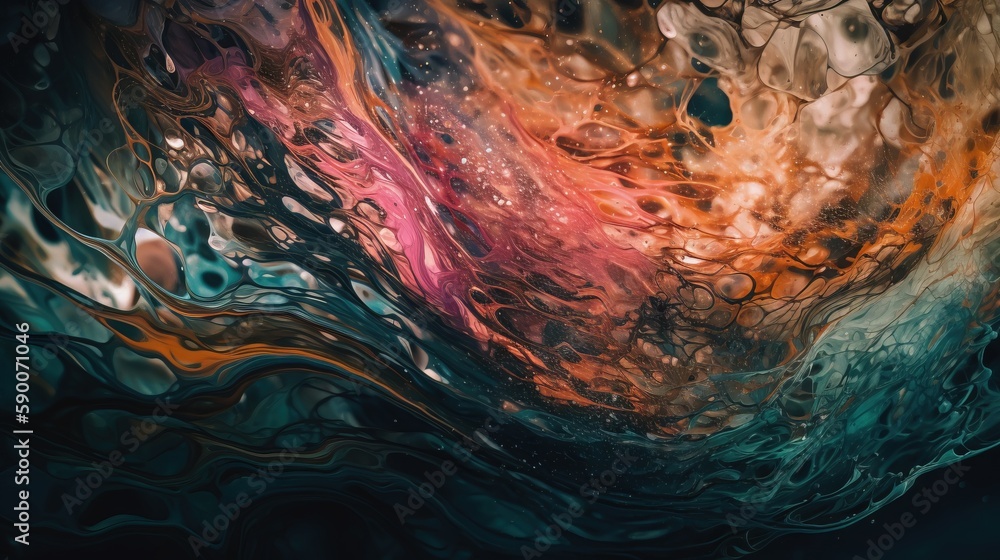 Poster an abstract painting of water and orange and blue colors with drops of water on the bottom of the im