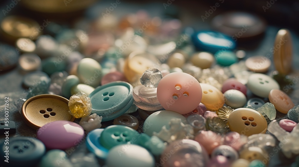Poster a bunch of buttons sitting on top of a table next to a pair of scissors and a pair of scissors on to