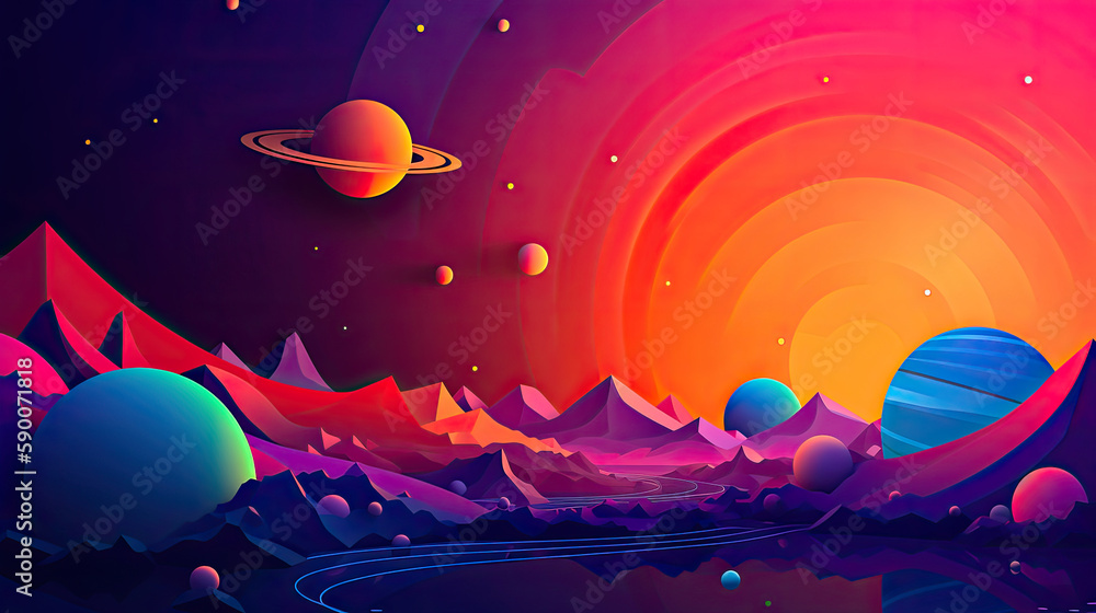 Wall mural abstract space background with planets and solar system from colored paper. generative ai