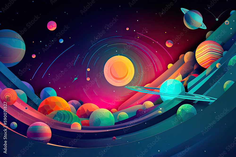 Wall mural abstract space background with planets and solar system from colored paper. generative ai