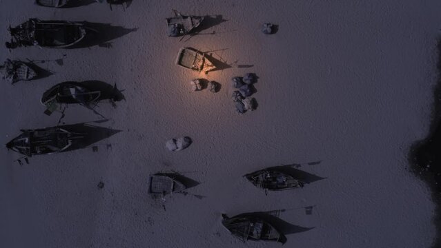 boats at sea beach on moonlit night at Cox's bazar in Bangladesh