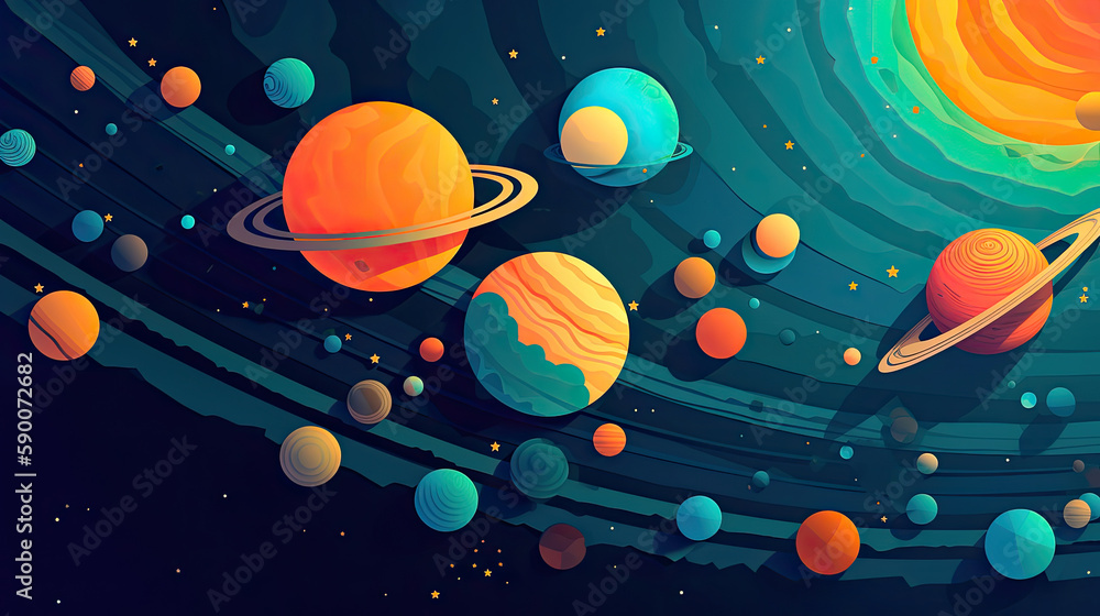 Wall mural abstract space background with planets and solar system from colored paper. generative ai